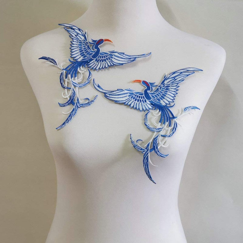 FEEPOP Fenghuang Bird Embroidery Patch Iron in Ancient Style and Famous Ethnic Style Sewing Decorative Embroidery DIY Articles and Crafts Stickers on Sewn Clothesï¼ˆ 1 Pairs Blueï¼‰ - Image 1